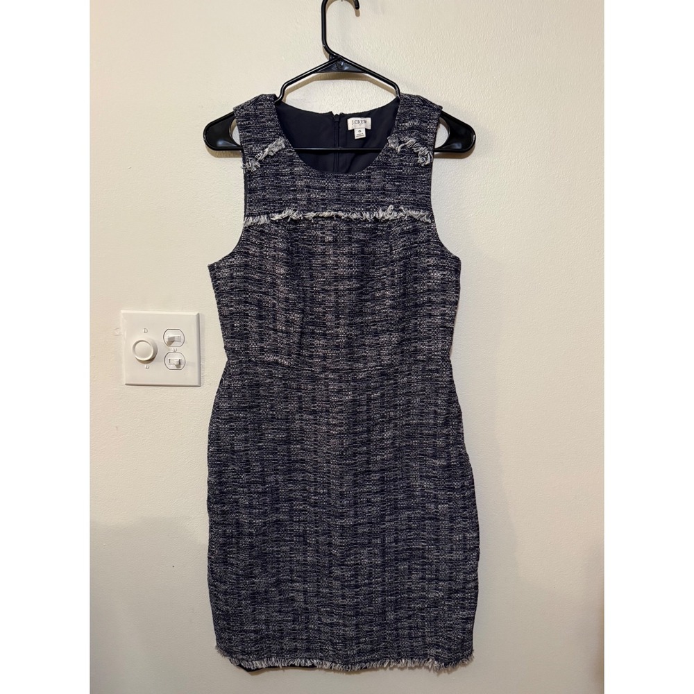 J Crew Navy Tweed Woven Sheath Dress Size 6 Fringe Trim